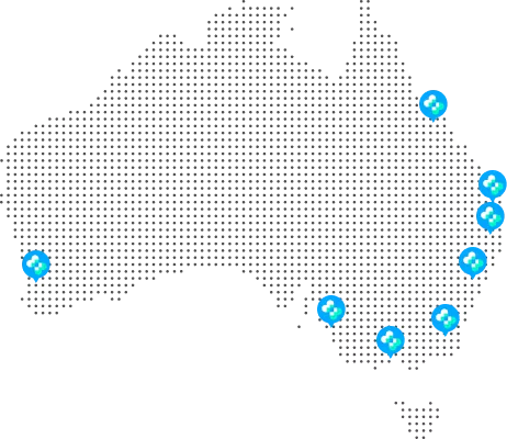 Dotted map of Australia with blue location pins marking call centre service cities including Sydney, Melbourne, Brisbane, Perth, Adelaide, Canberra, Gold Coast and Newcastle