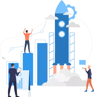 Illustration showing business growth with rocket launch, rising bar charts and team members representing Australian call centre performance and results